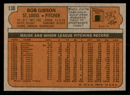 1972 Topps Baseball #130 Bob Gibson Cardinals EX+/EX-MT 556832