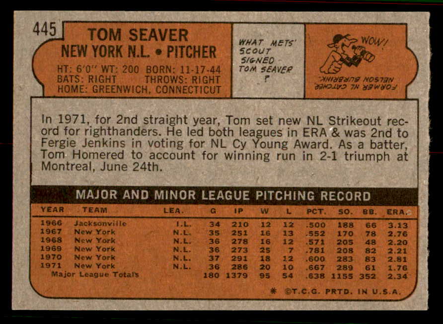 1972 Topps Baseball #445 Tom Seaver Mets EX-MT 556847
