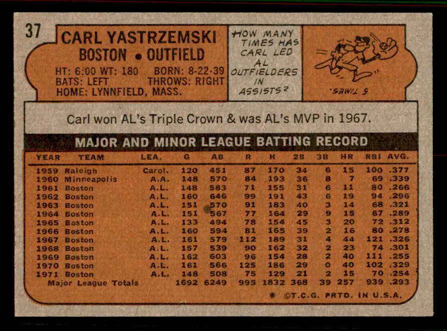 1972 Topps Baseball #037 Carl Yastrzemski Red Sox EX-MT 556849