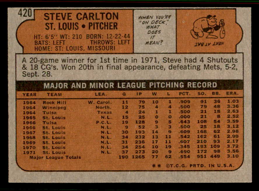 1972 Topps Baseball #420 Steve Carlton Cardinals EX-MT 556853