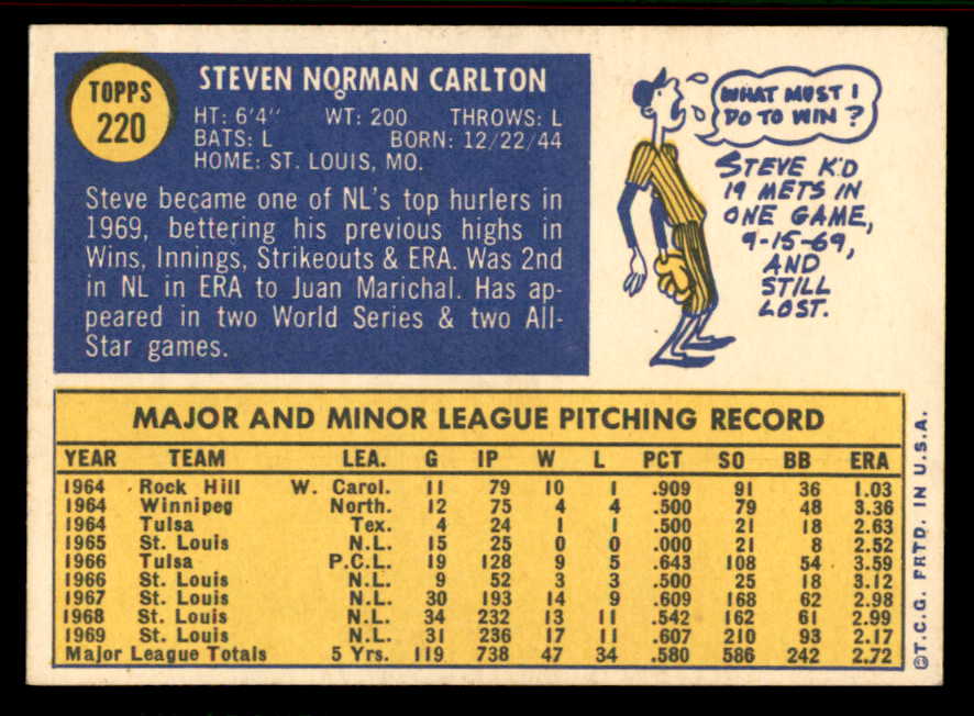 1970 Topps Baseball #220 Steve Carlton Cardinals NR-MT 556873