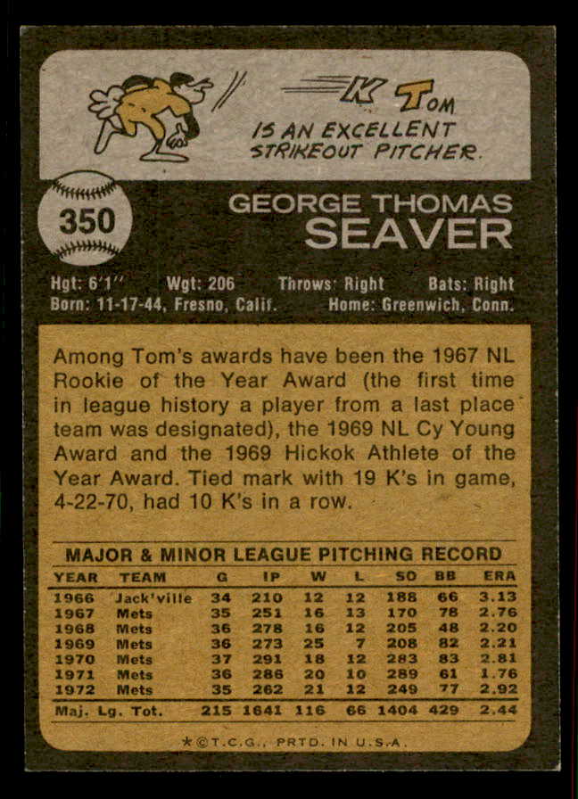 1973 Topps Baseball #350 Tom Seaver Mets NR-MT 556888