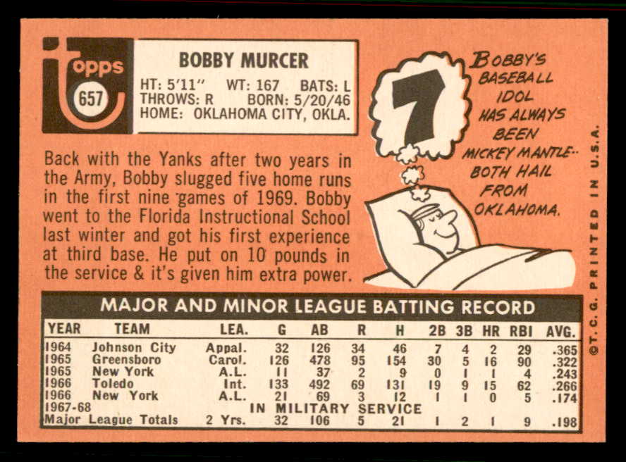 1969 Topps Baseball #657 Bobby Murcer Yankees NR-MT 556893