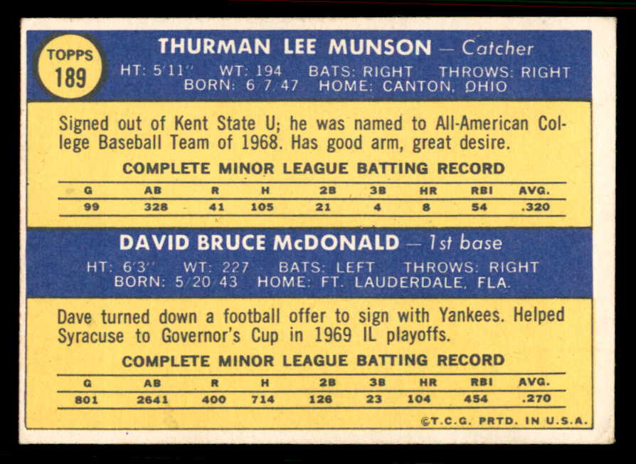 1970 Topps Baseball #189 Thurman Munson Yankees EX+/EX-MT 556907