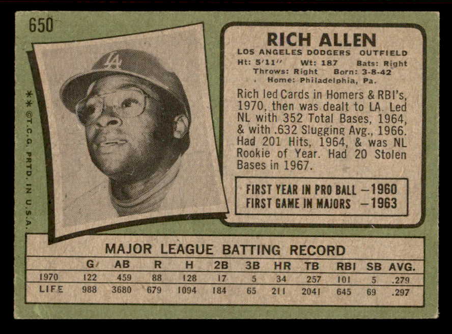 1971 Topps Baseball #650 Rich Allen Dodgers VG 556966