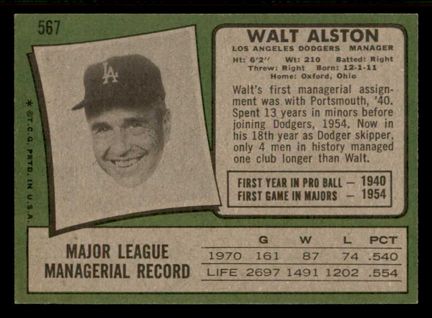 1971 Topps Baseball #567 Walt Alston Dodgers EX-MT 556976