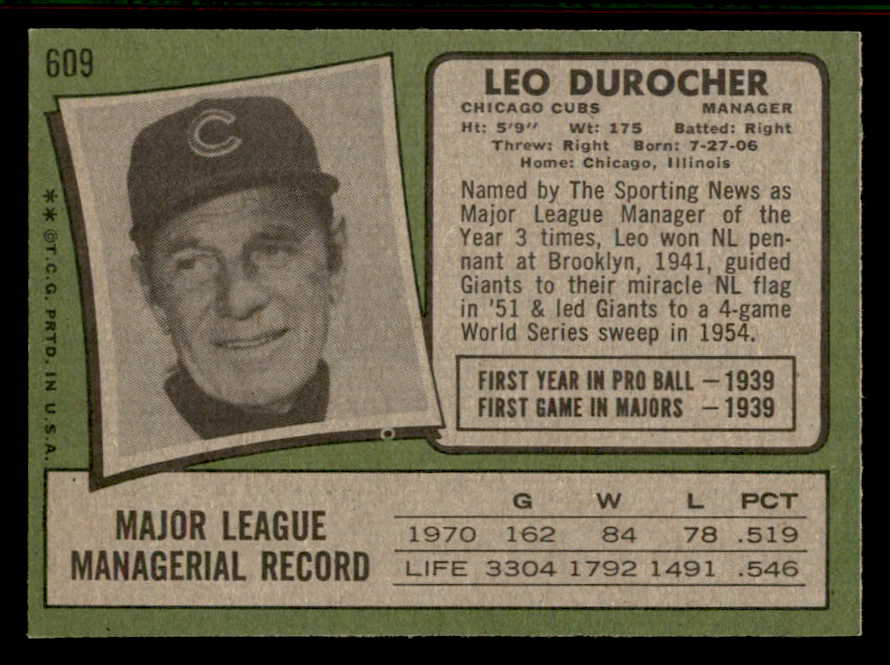 1971 Topps Baseball #609 Leo Durocher Cubs EX-MT 556977