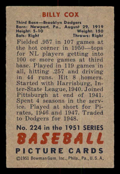 1951 Bowman Baseball #224 Billy Cox Dodgers EX-MT 556982