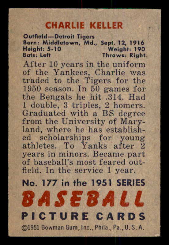 1951 Bowman Baseball #177 Charlie Keller Tigers EX-MT 556985