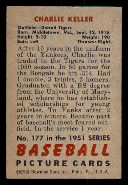 1951 Bowman Baseball #177 Charlie Keller Tigers EX-MT 556985