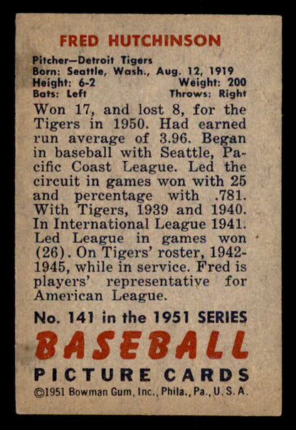 1951 Bowman Baseball #141 Fred Hutchinson Tigers EX-MT 556988