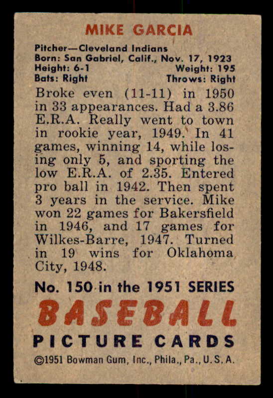1951 Bowman Baseball #150 Mike Garcia Indians EX-MT 556989