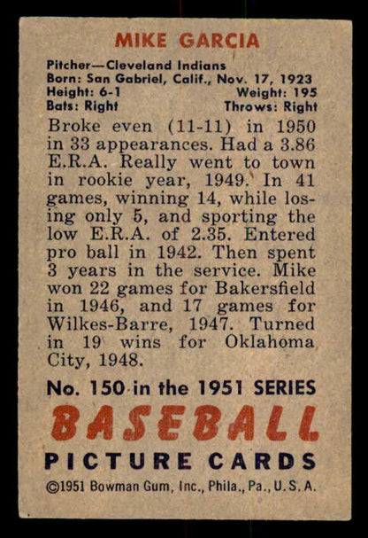 1951 Bowman Baseball #150 Mike Garcia Indians EX-MT 556989