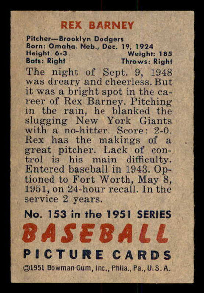 1951 Bowman Baseball #153 Rex Barney Dodgers EX-MT 556990