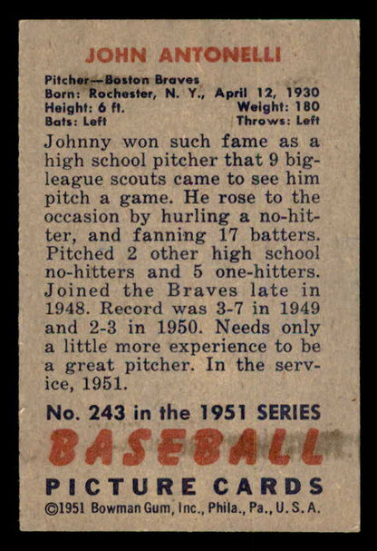1951 Bowman Baseball #243 Johnny Antonelli Braves EX-MT 556992