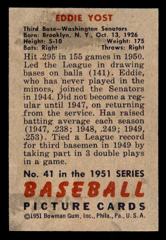 1951 Bowman Baseball #041 Eddie Yost Senators EX-MT 556993