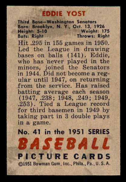 1951 Bowman Baseball #041 Eddie Yost Senators EX-MT 556993