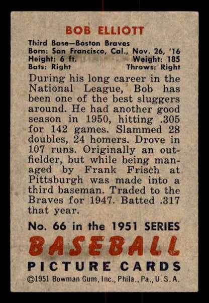 1951 Bowman Baseball #066 Bob Elliott Braves EX-MT 556996
