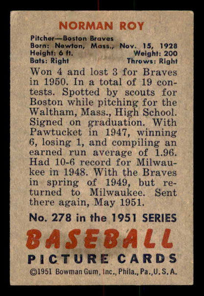 1951 Bowman Baseball #278 Norman Roy Braves EX-MT 556997