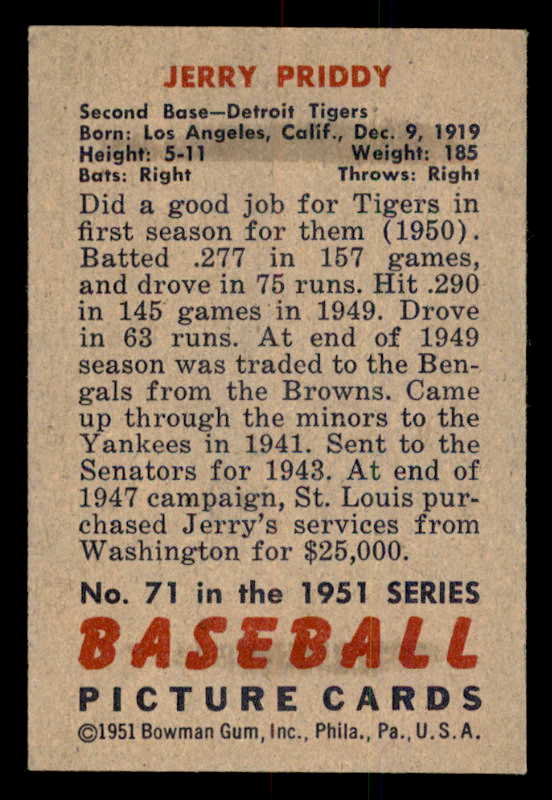 1951 Bowman Baseball #071 Jerry Priddy Tigers EX-MT 557000