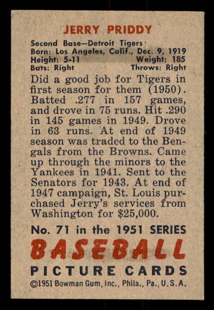1951 Bowman Baseball #071 Jerry Priddy Tigers EX-MT 557000