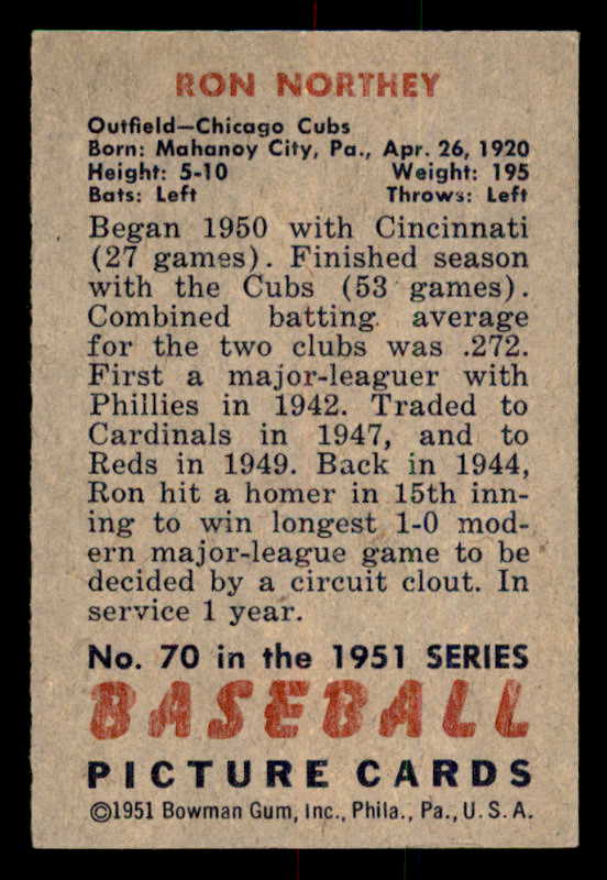 1951 Bowman Baseball #070 Ron Northey Cubs EX-MT 557001