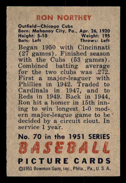 1951 Bowman Baseball #070 Ron Northey Cubs EX-MT 557001
