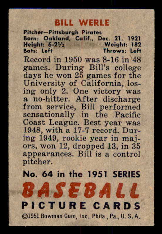 1951 Bowman Baseball #064 Bill Werle Pirates EX-MT 557002