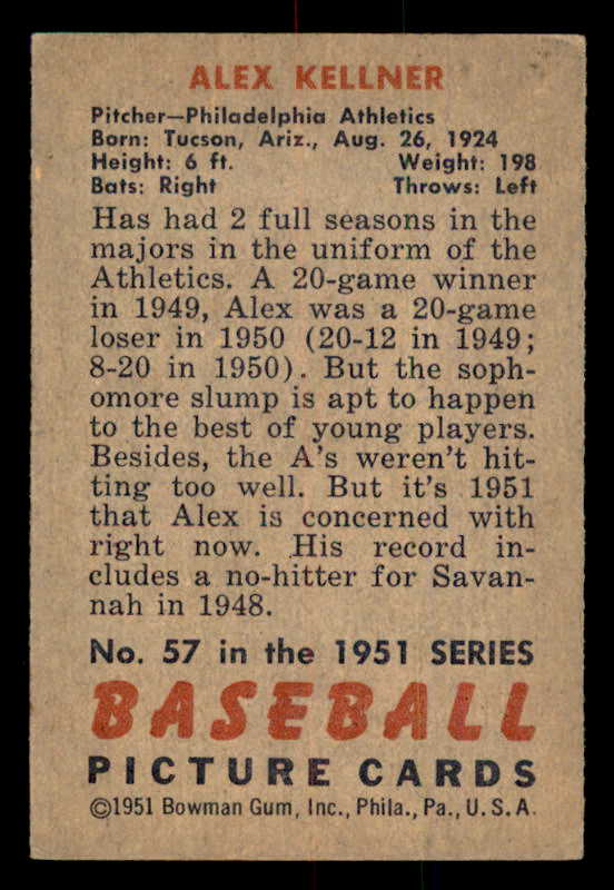 1951 Bowman Baseball #057 Alex Kellner A's EX-MT 557005