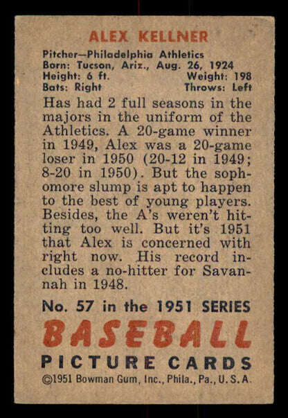 1951 Bowman Baseball #057 Alex Kellner A's EX-MT 557005