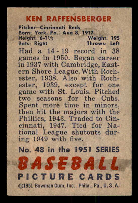 1951 Bowman Baseball #048 Ken Raffensberger Reds EX-MT 557007