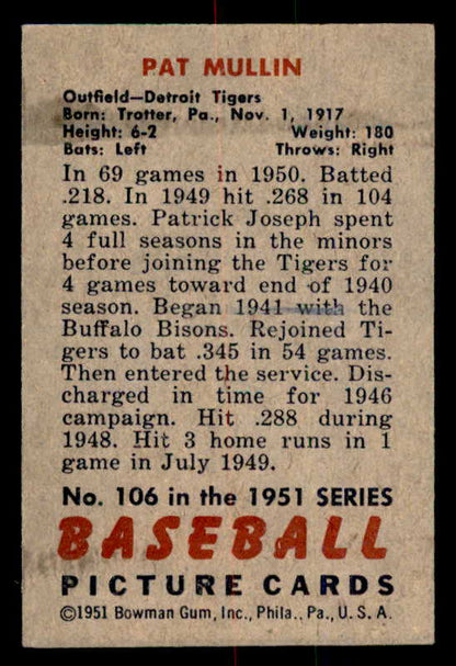 1951 Bowman Baseball #106 Pat Mullin Tigers EX-MT 557013
