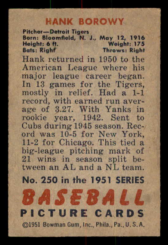 1951 Bowman Baseball #250 Hank Borowy Tigers EX-MT 557019