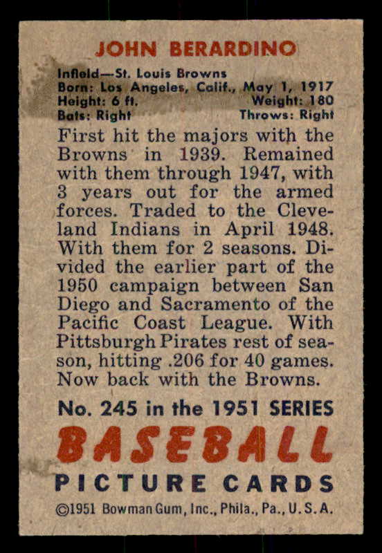 1951 Bowman Baseball #245 John Berardino Browns EX-MT 557020