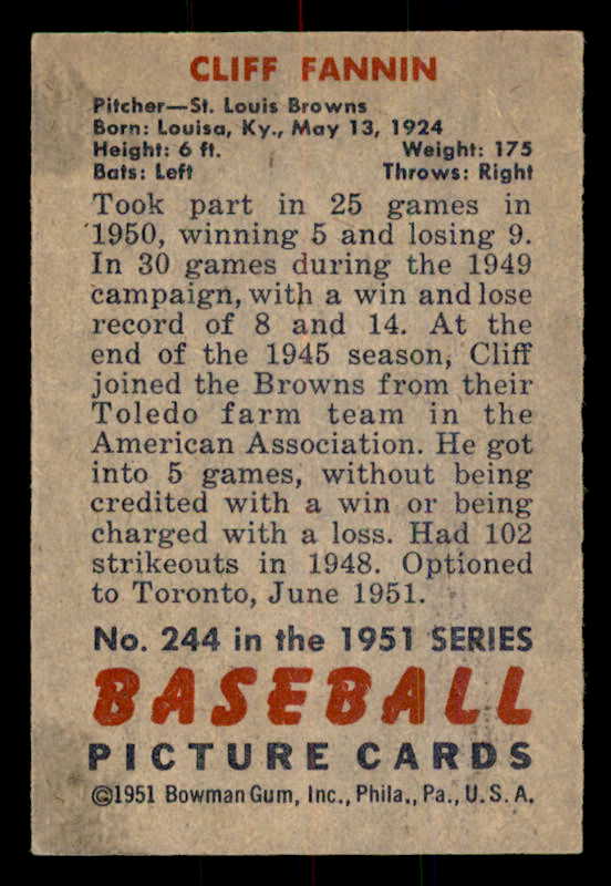 1951 Bowman Baseball #244 Cliff Fannin Browns EX-MT 557022