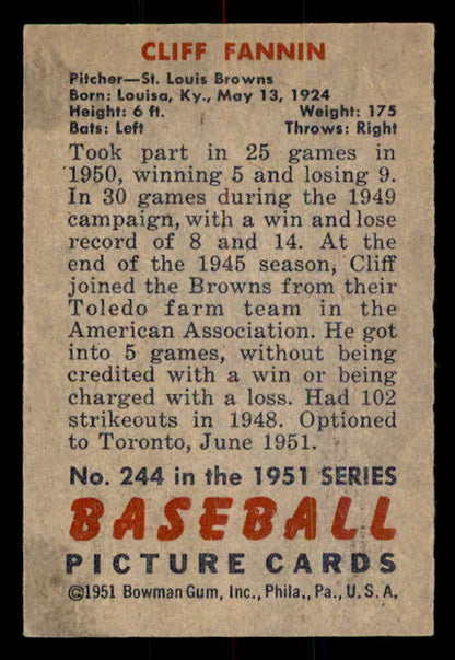 1951 Bowman Baseball #244 Cliff Fannin Browns EX-MT 557022