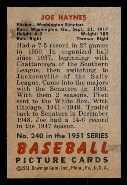 1951 Bowman Baseball #240 Joe Haynes Senators EX-MT 557023