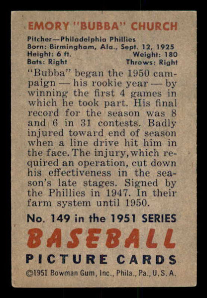1951 Bowman Baseball #149 Bubba Church Phillies EX-MT 557024