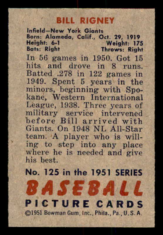 1951 Bowman Baseball #125 Bill Rigney Giants EX-MT 557028