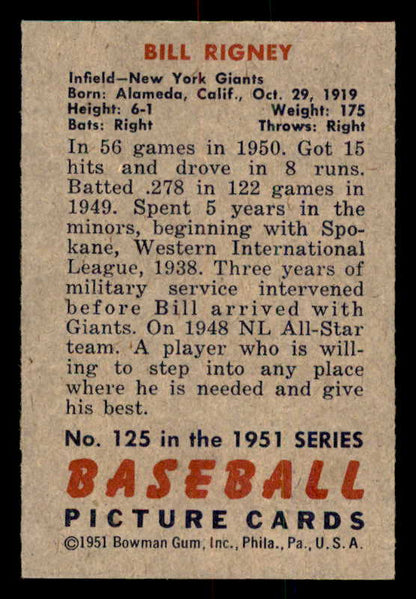 1951 Bowman Baseball #125 Bill Rigney Giants EX-MT 557028