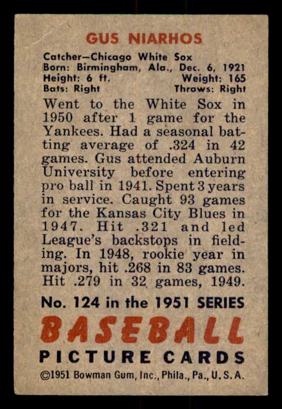 1951 Bowman Baseball #124 Gus Niarhos White Sox EX-MT 557034