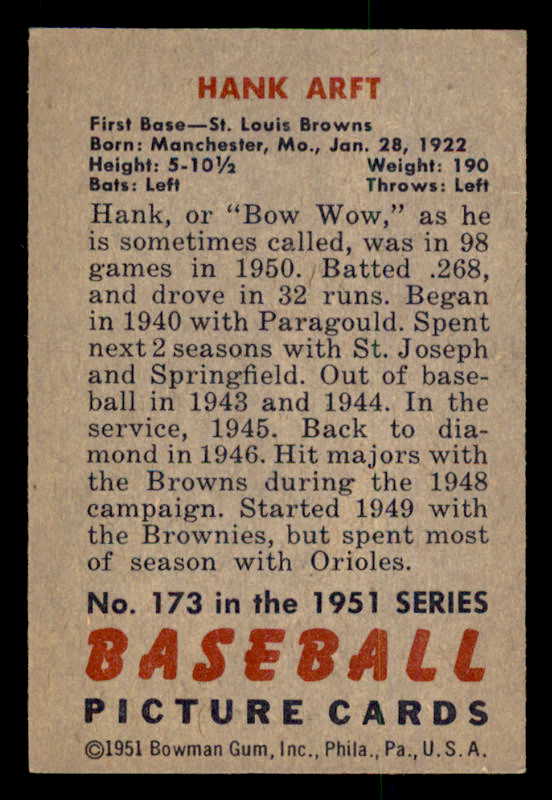 1951 Bowman Baseball #173 Hank Arft Browns EX-MT 557037
