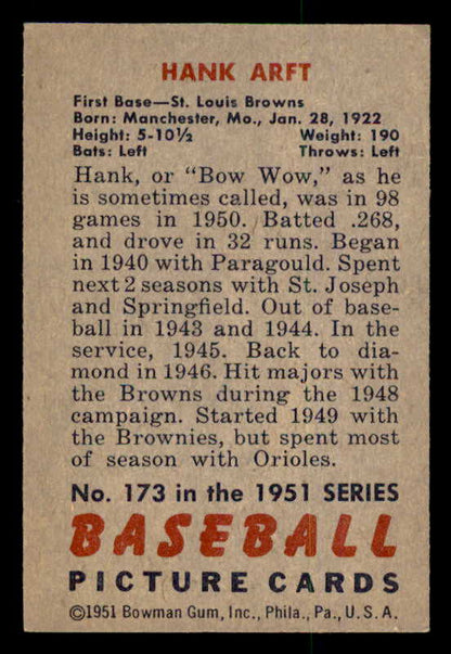 1951 Bowman Baseball #173 Hank Arft Browns EX-MT 557037