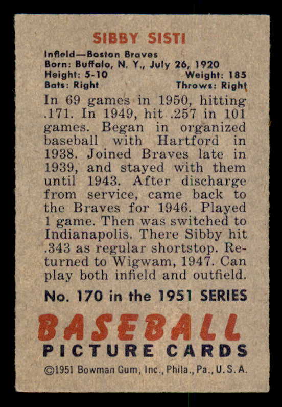 1951 Bowman Baseball #170 Sibby Sisti Braves EX-MT 557039