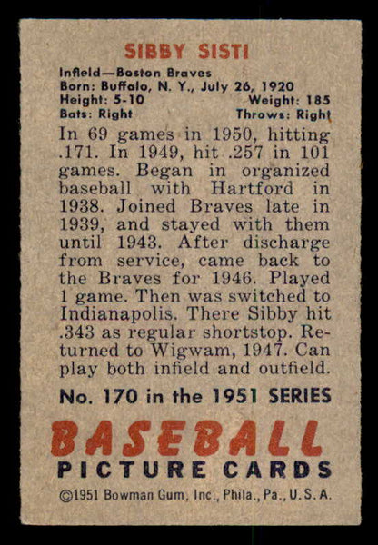 1951 Bowman Baseball #170 Sibby Sisti Braves EX-MT 557039