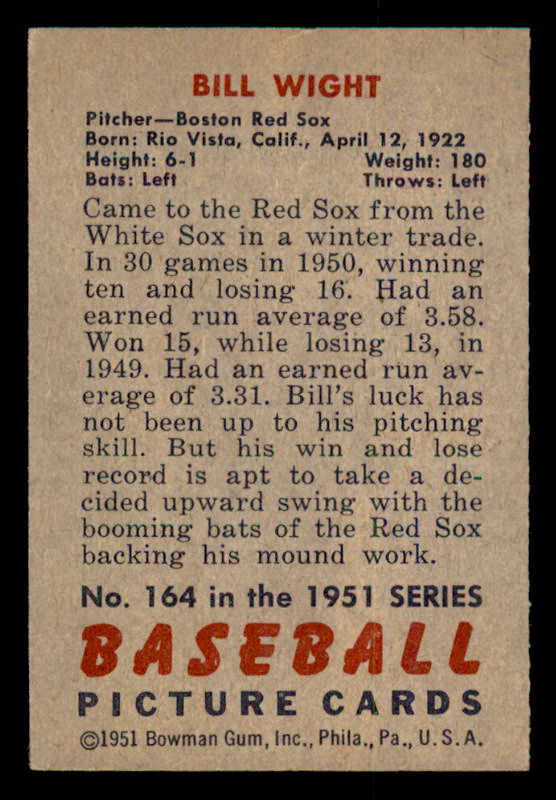 1951 Bowman Baseball #164 Bill Wight Red Sox EX-MT 557040