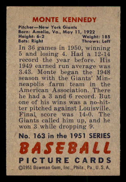 1951 Bowman Baseball #163 Monte Kennedy Giants EX-MT 557041