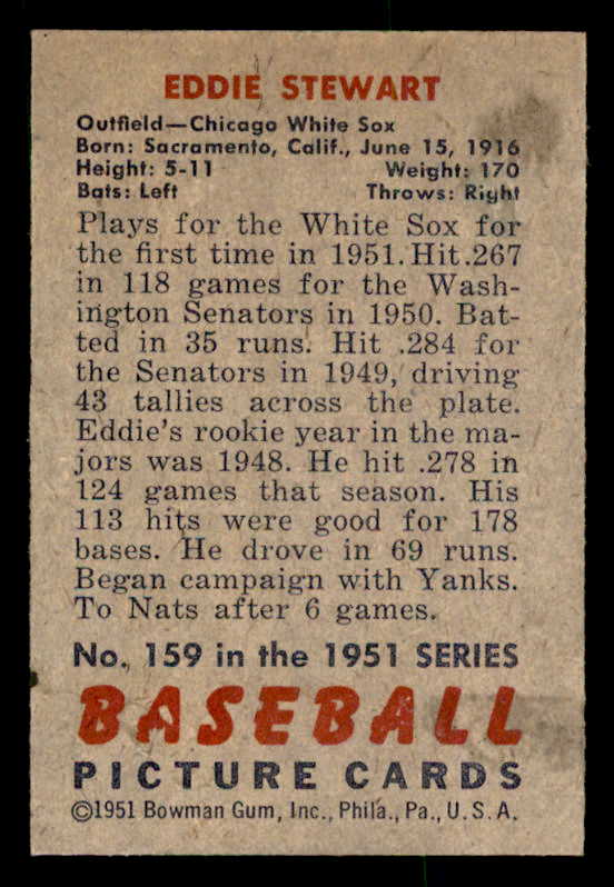 1951 Bowman Baseball #159 Eddie Stewart White Sox EX-MT 557042