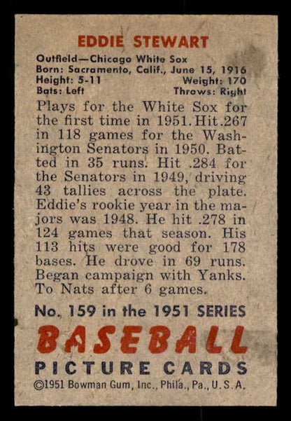 1951 Bowman Baseball #159 Eddie Stewart White Sox EX-MT 557042