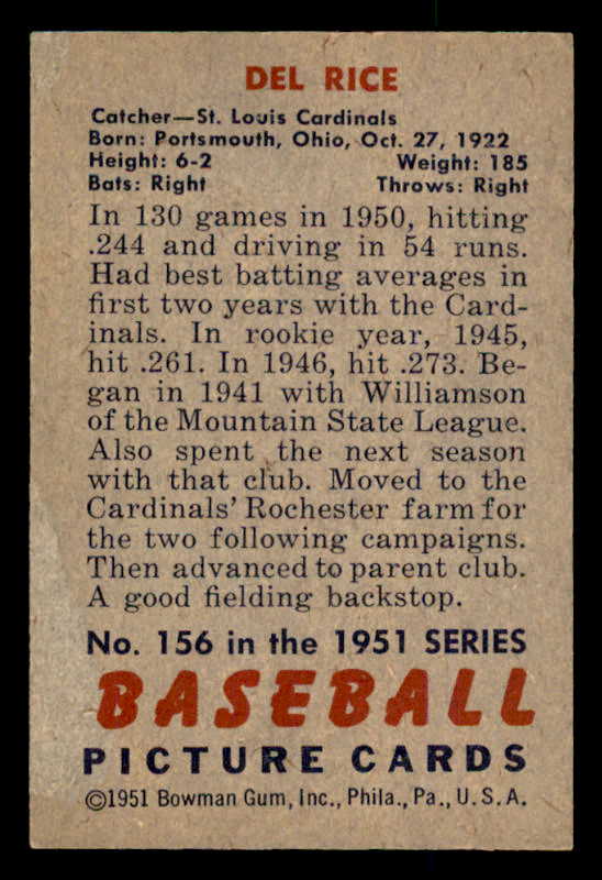 1951 Bowman Baseball #156 Del Rice Cardinals EX-MT 557045